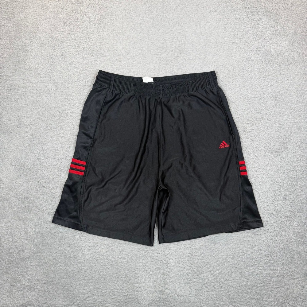 Vintage Y2K Adidas Mens Athletic Shorts Black Red Stripe Logo Elastic Waist L